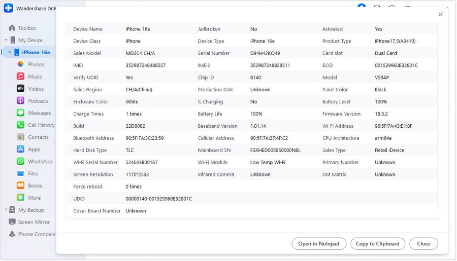 dr.fone device details